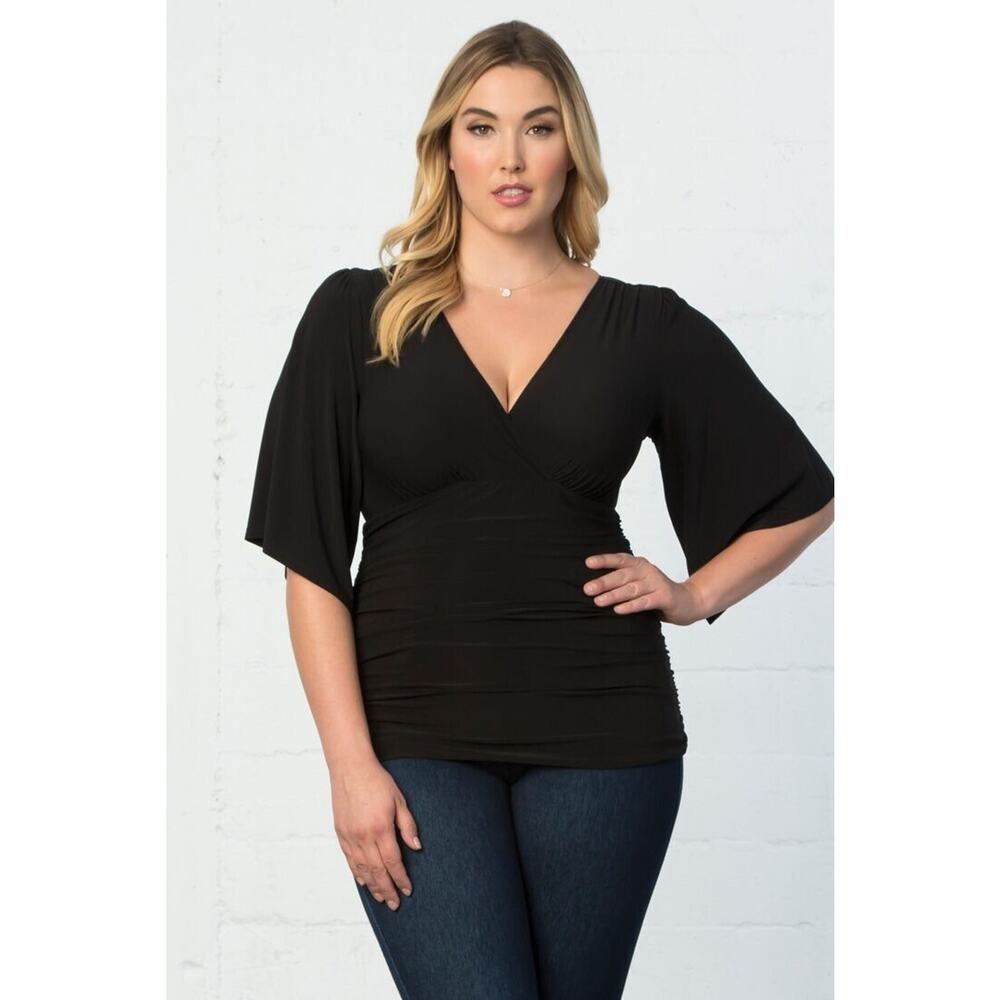 Kiyonna Top Keira Kimono Style 3X Black Flutter Sleeves V Neck Slimming Stretch